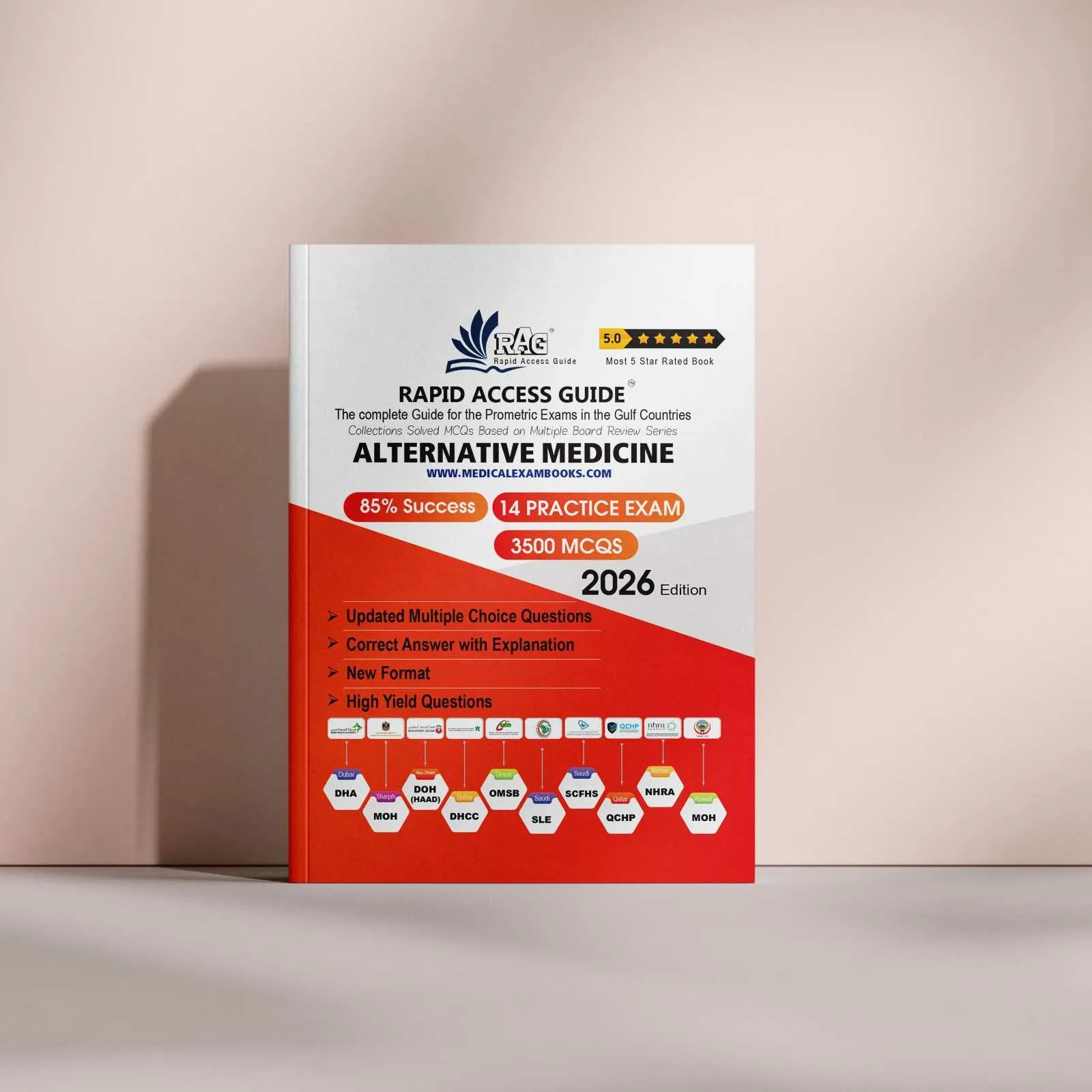 Alternative Medicine Prometric exam preparation book 2026 by Rapid Access Guide, featuring 3500 multiple choice questions, 14 mock tests, and coverage for DHA, MOH, HAAD, DHCC, OMSB, SCFHS, QCHP, and NHRA licensing exams