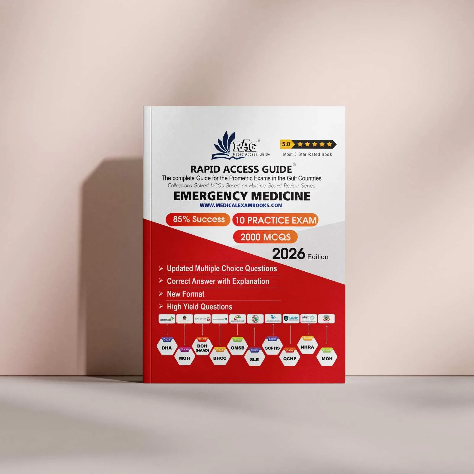 Emergency Medicine Prometric MCQ review book for Gulf exams, designed for emergency physicians with exam-oriented clinical questions, mock tests, and updated explanations – 2026 edition